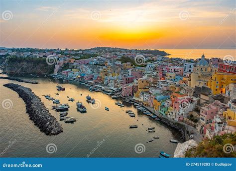 Sunset View Of Marina Di Corricella At Italian Island Procida Stock