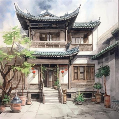 Premium AI Image | Painting of a chinese house with a courtyard and a ...