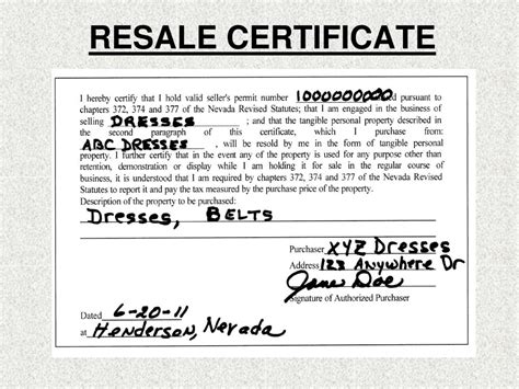 Nv Resale Certificate Pdf