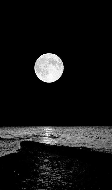 A Full Moon Is Seen Over The Ocean At Night With Black And White