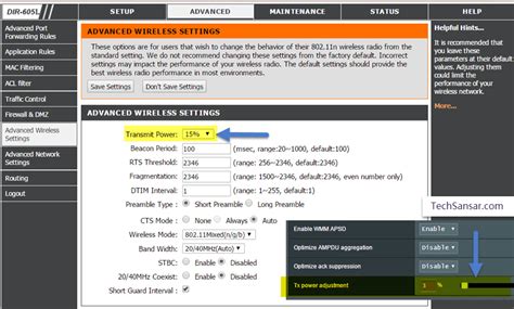 Adjusting transmit power in Advanced wireless settings in Dlink and ...