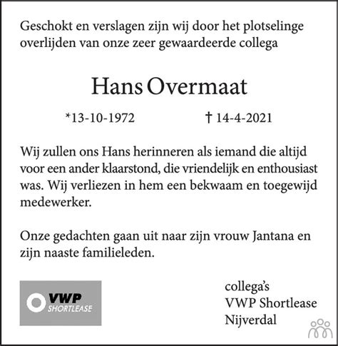 Hans Overmaat Overlijdensbericht En Condoleances Mensenlinq Nl