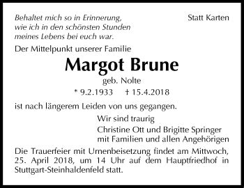 Traueranzeigen Von Margot Brune Stuttgart Gedenkt De