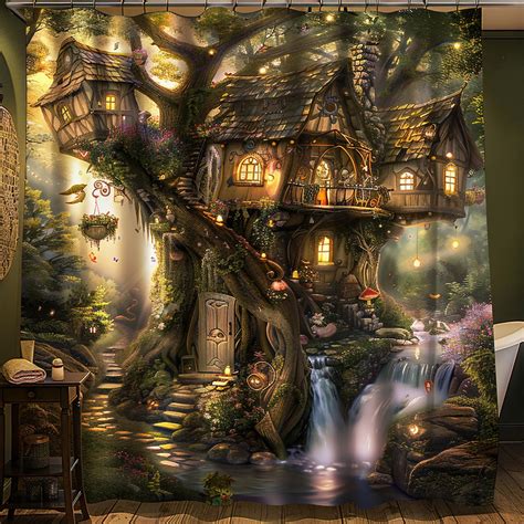 Enchanted Forest Treehouse Shower Curtain Whimsical Fantasy Design