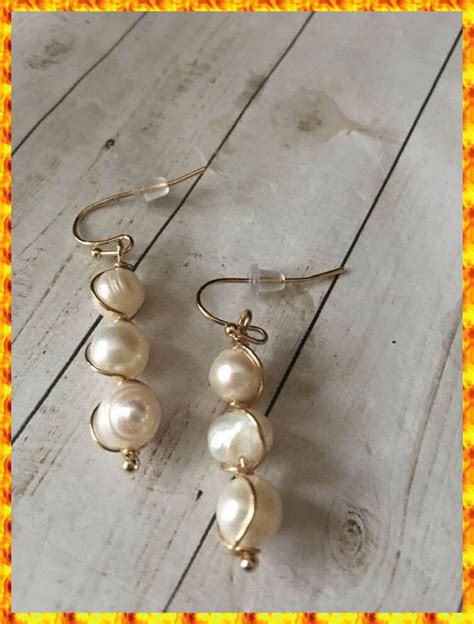 Fresh Water Pearl Dangle Earrings Gold Wire Pearl Earrings Wire Wrapped