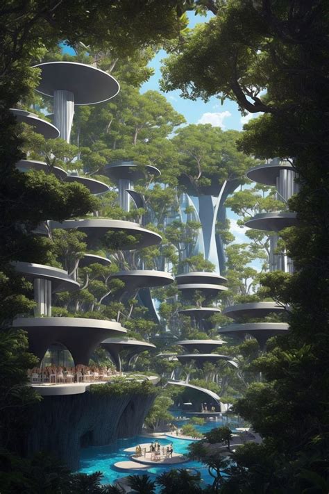 The Futuristic City Is Surrounded By Trees And Water