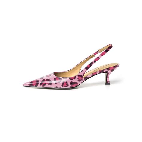 Pink Leopard Print Slingback Shoes Pointed Toe Kitten Heel Pumps