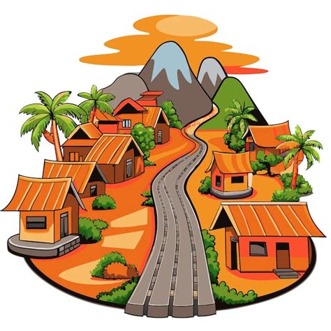 A cartoon drawing of a village with mountains and palm trees | Premium ...