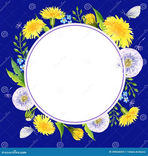 Watercolor Wreath With Summer Field Flowers Hand Draw Round Frame Of