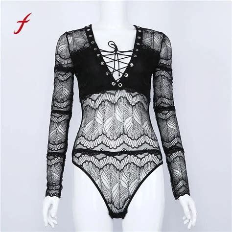 Sexy Lace Bodysuit Womens Wear Long Sleeved Lace V Neckline Jumpsuit