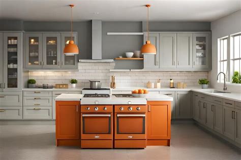 Premium AI Image A Kitchen With Orange Cabinets And A White Stove