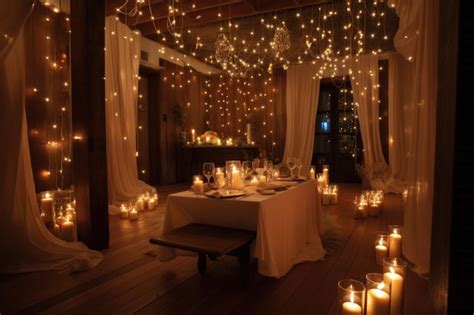 Premium Photo A Romantic Setting With Candles And String Lights