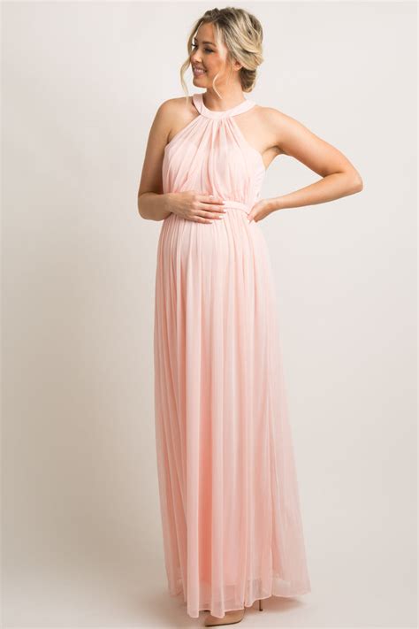 Light Pink Halter Tulle Maternity Evening Gown Pinkblush