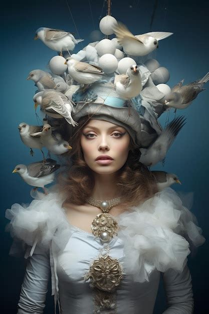 Premium Ai Image A Woman In A White Hat With Birds On Her Head And A