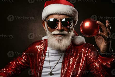 old man grey beard hold vintage disco ball dance funky wear santa x-mas ...