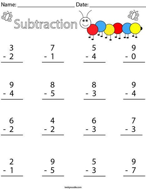 1 Digit Subtraction Math Worksheet Twisty Noodle Math