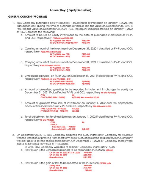 Answer Key Debt And Equity Securities Answer Key Equity