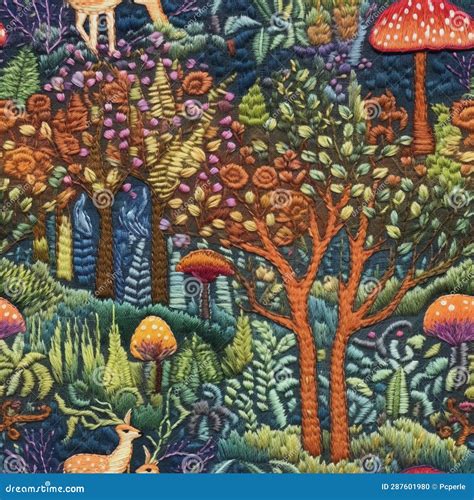 Embroidery Seamless Pattern Of A Magical Enchanted Forest Stock