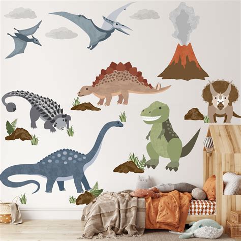 Large Dinosaur Wall Decals, Nursery Wall Stickers, Volcano Wall Decal ...