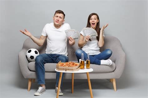 Perplexed Couple Woman Man Football Fans Cheer Up Support Favorite Team