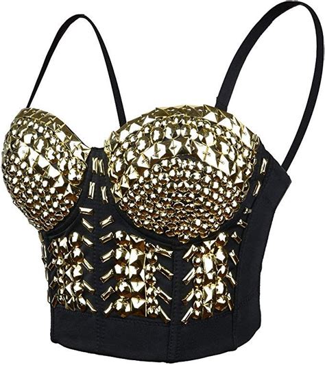 Ellacci Womens Sexy Rhinestone Bustier Crop Top Club Party Glitter Corset Top Bra Gold X Small