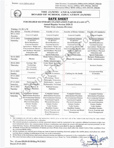 JKBOSE Date Sheet For Higher Secondary Examination Part II 12th Class