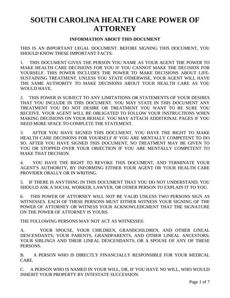 South Carolina Power Of Attorney Printable Blank Form - Printable Forms