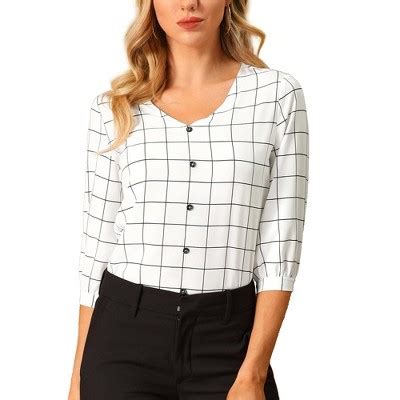 Allegra K Women S V Neck Sleeves Ligthweight Check Plaid Blouses