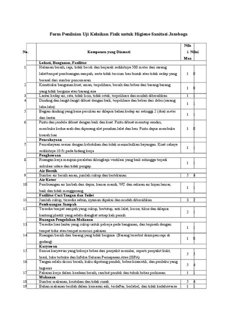 Pdf Form Penilaian Uji Kelaikan Fisik Untuk Higiene Sanitasi Jasaboga Dokumen Tips