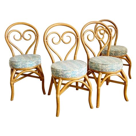 Boho Chic Bent Bamboo Rattan Heart Back Dining Chairs Set Of 4 For