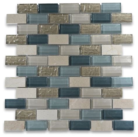 Glass Mosaic Tile Gray Blue Beige Light Brown Crema Marfil Marble Tile, 1 sheet - Contemporary ...