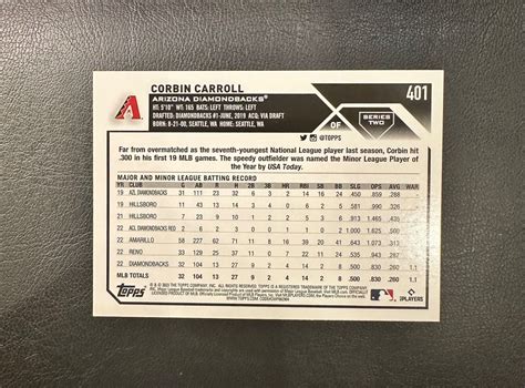 2023 Topps Series 2 CORBIN CARROLL Rookie Card 401 Arizona