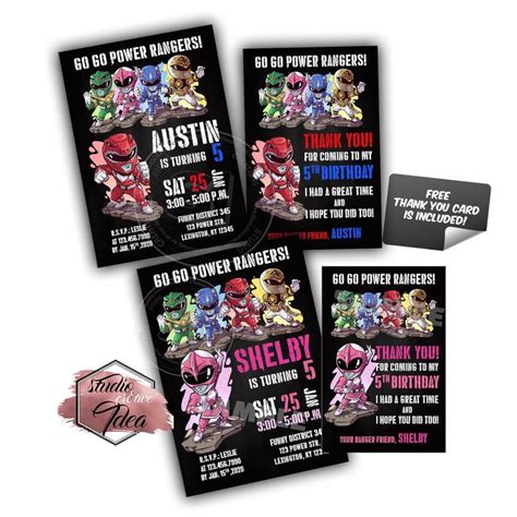 Power Rangers Custom Party Printable Invitation With Free Thank You