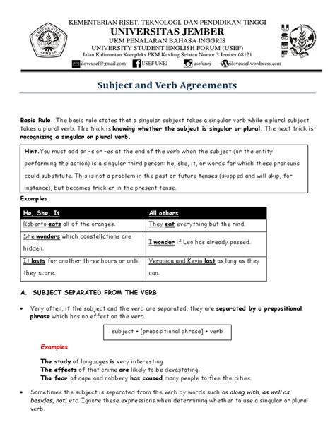 Subject Verb Agreements Pdf Grammatical Number Plural