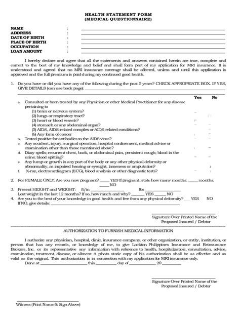 Fillable Online Pagibigfund Gov Health Statement Form Forms