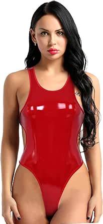 Amazon Yonghs Women S One Piece Wet Look Leather Teddy Lingerie