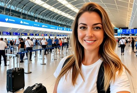 A Woman With A Backpack Stands In An Airport With A Sign Behind Her