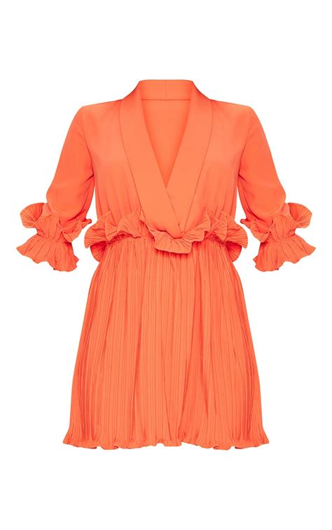 Bright Orange Frill Detail Pleated Skater Dress Dresses