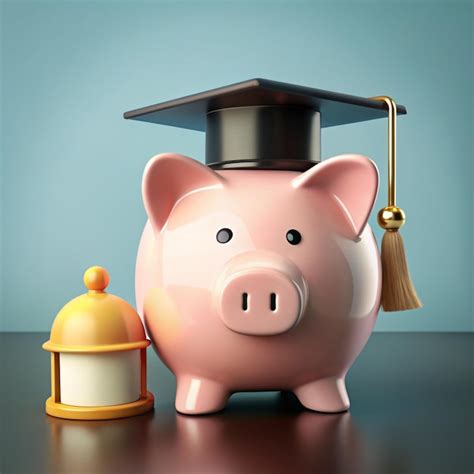 Piggy Bank With Black Graduation Hat With Empty Blank Sign And Bell