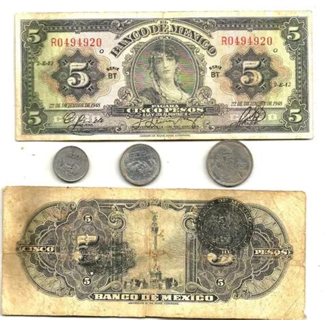 Monedas Mexicanas Y Billete De Pesos Antiguo Uno En