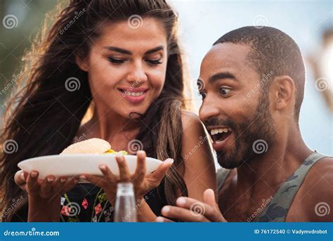 Surprised Couple With Fresh Hamburger Outdoors Stock Photo Image Of