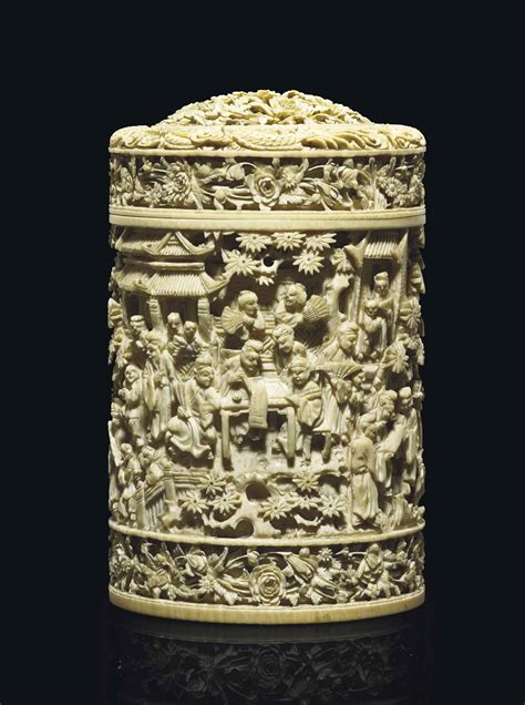 A Chinese Carved Ivory Cylindrical Box And Cover 19th Century