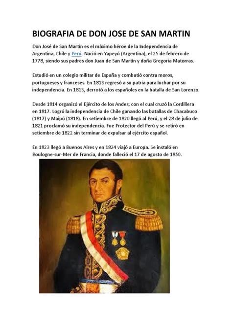 Biografía De José De San Martín Resumen Corto En Pocas Palabras