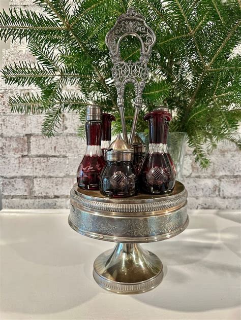 Antique Victorian Ruby Red Etched Glass Condiment Set Castor Set Cruet