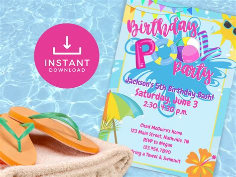 Pool Party Invitation Summer Party Invite Teenage Pool Party Water