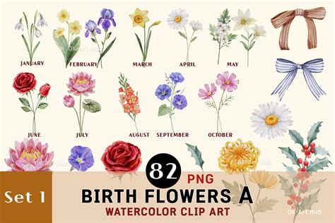 Watercolor Birth Month Flowers & Bows Graphic by OK Art Hub · Creative Fabrica