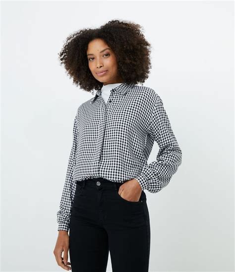 Camisa Alargada En Viscosa Con Estampado De Cuadros Vichy Negro