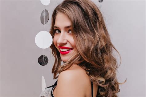 Free Photo Close Up Portrait Of Carefree Curly Girl With Red Lipstick