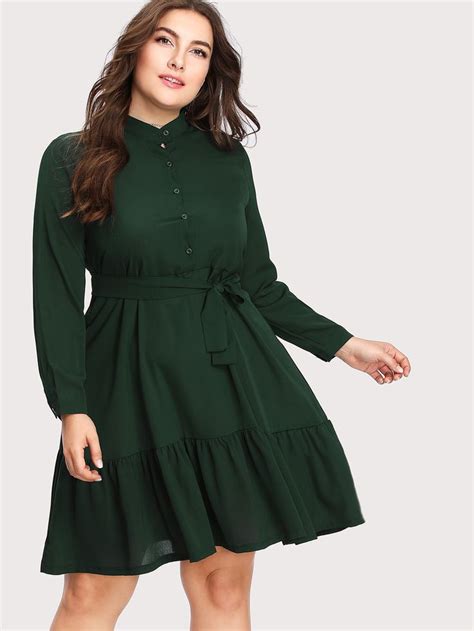 Button Front Ruffle Hem Tie Waist Shirt Dress Shein Sheinside Curvy