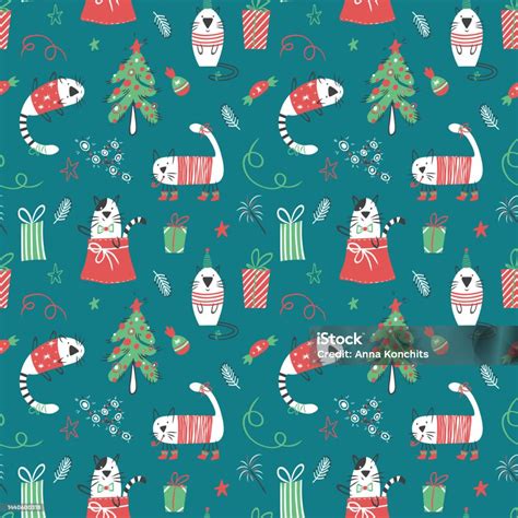 Pattern Of Adorable Cats Celebrating Christmas Vector Background Of